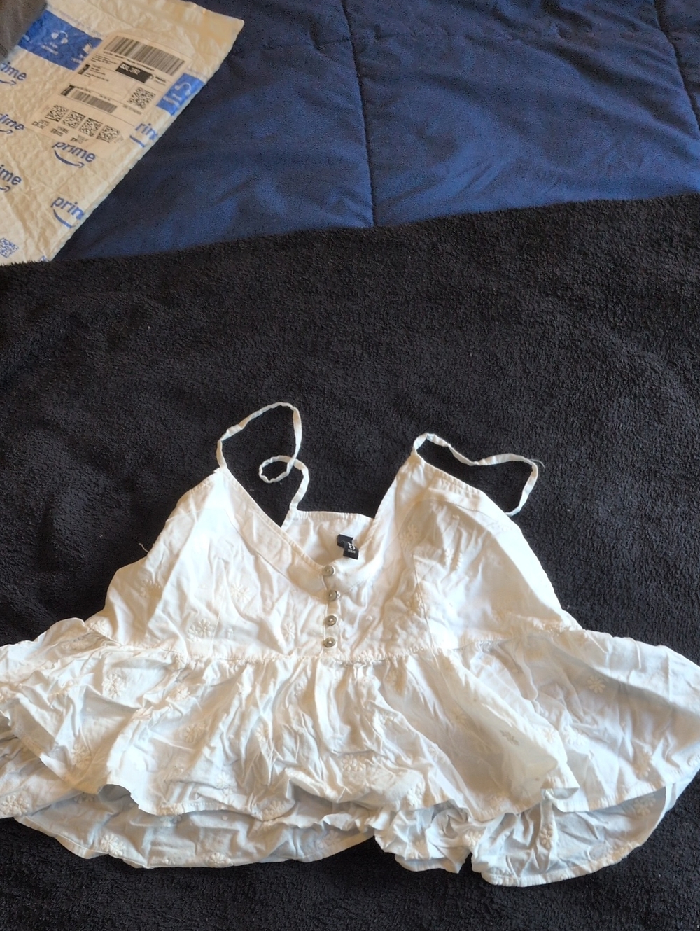 Divided White Ruffled Crop Tank with Button Front